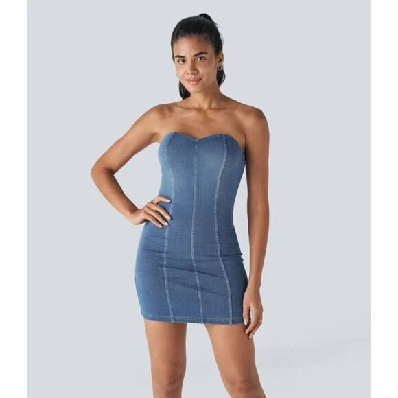 Halara Flex Tube Backless Bodycon Stretchy Knit Denim Mini Casual Dress NWT - Picture 1 of 5